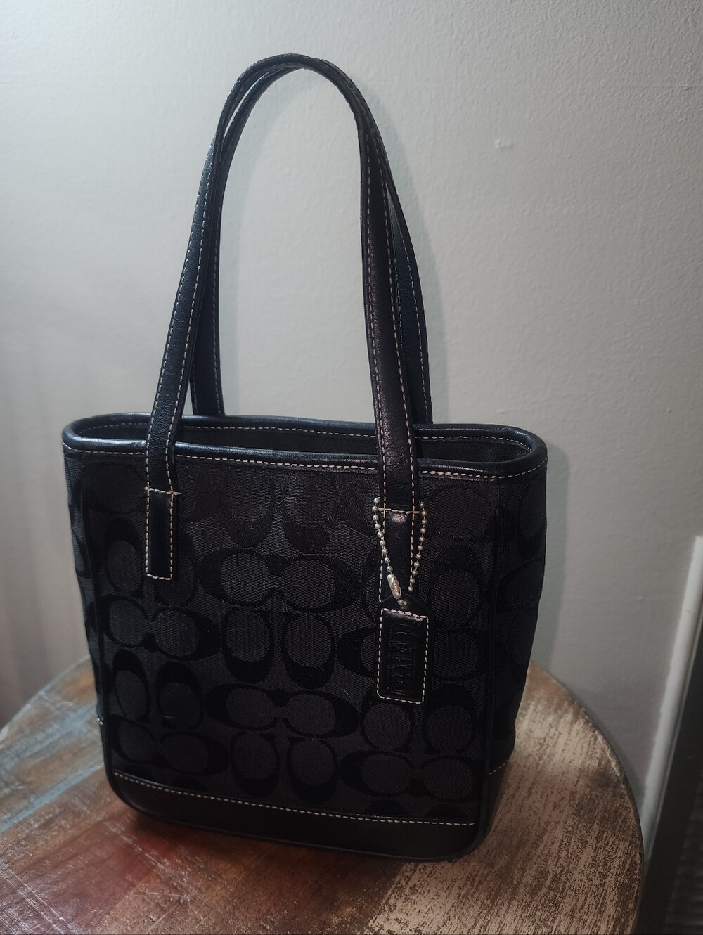 Coach Black Signature Canvas Small Tote Lunch Moni Leather Trim J1J-6087 Y2K